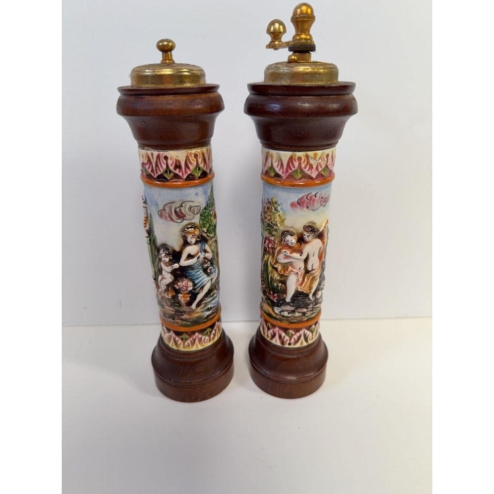 Vintage Italian Ceramic‎ and Wood Figural Pepper Mill Set